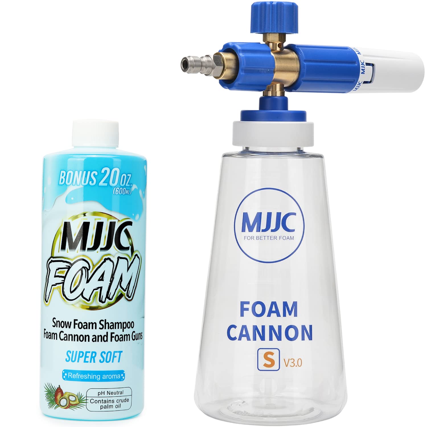 MJJC Foam Cannon S V3.0 (Thicker Snow Foam Technology) with 1/4 Inch Quick Connector for Pressure Washer, 34 oz Bottle (V3.0 (1/4" Quick Connector) + SOAP Sample)