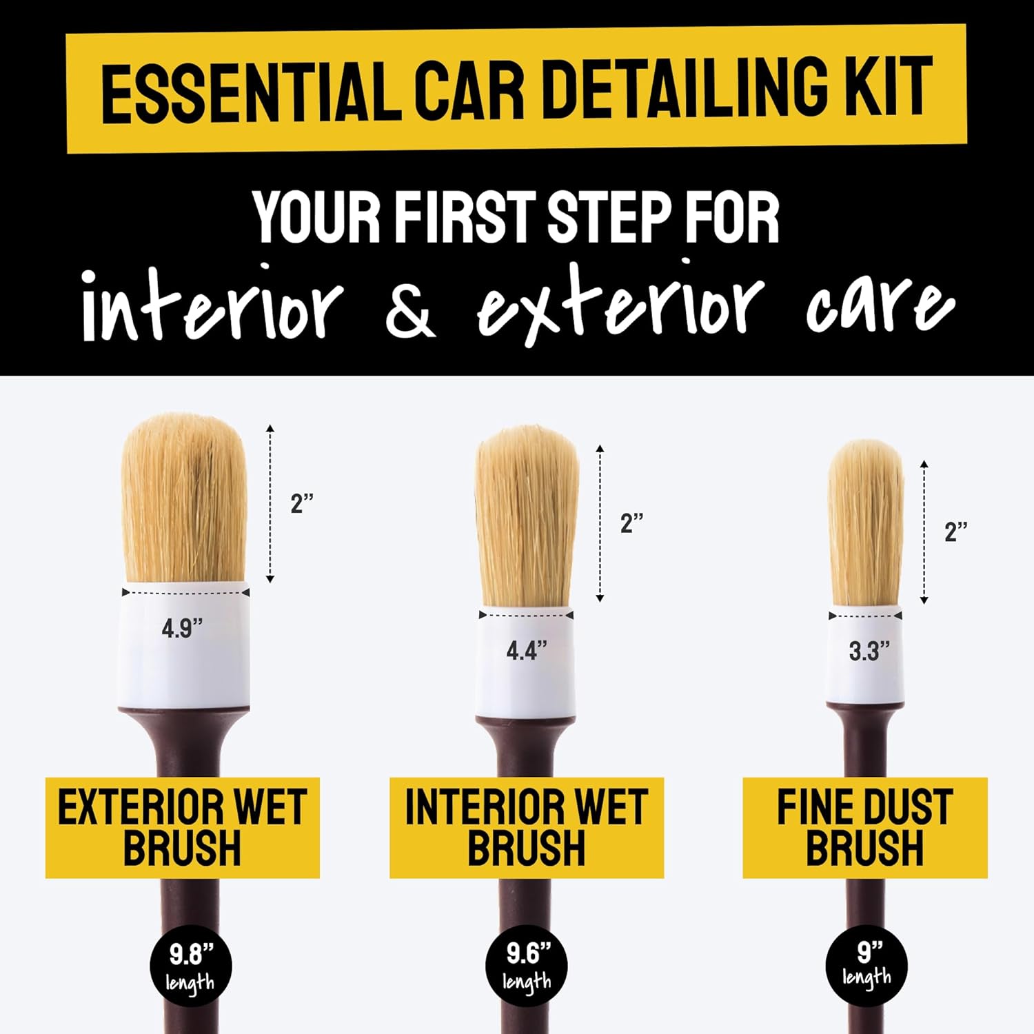 Soft Boars Hair Car Detailing Brush Set for Washing (3 Pack) - Car Detailing Kit - Automotive Cleaning Brush