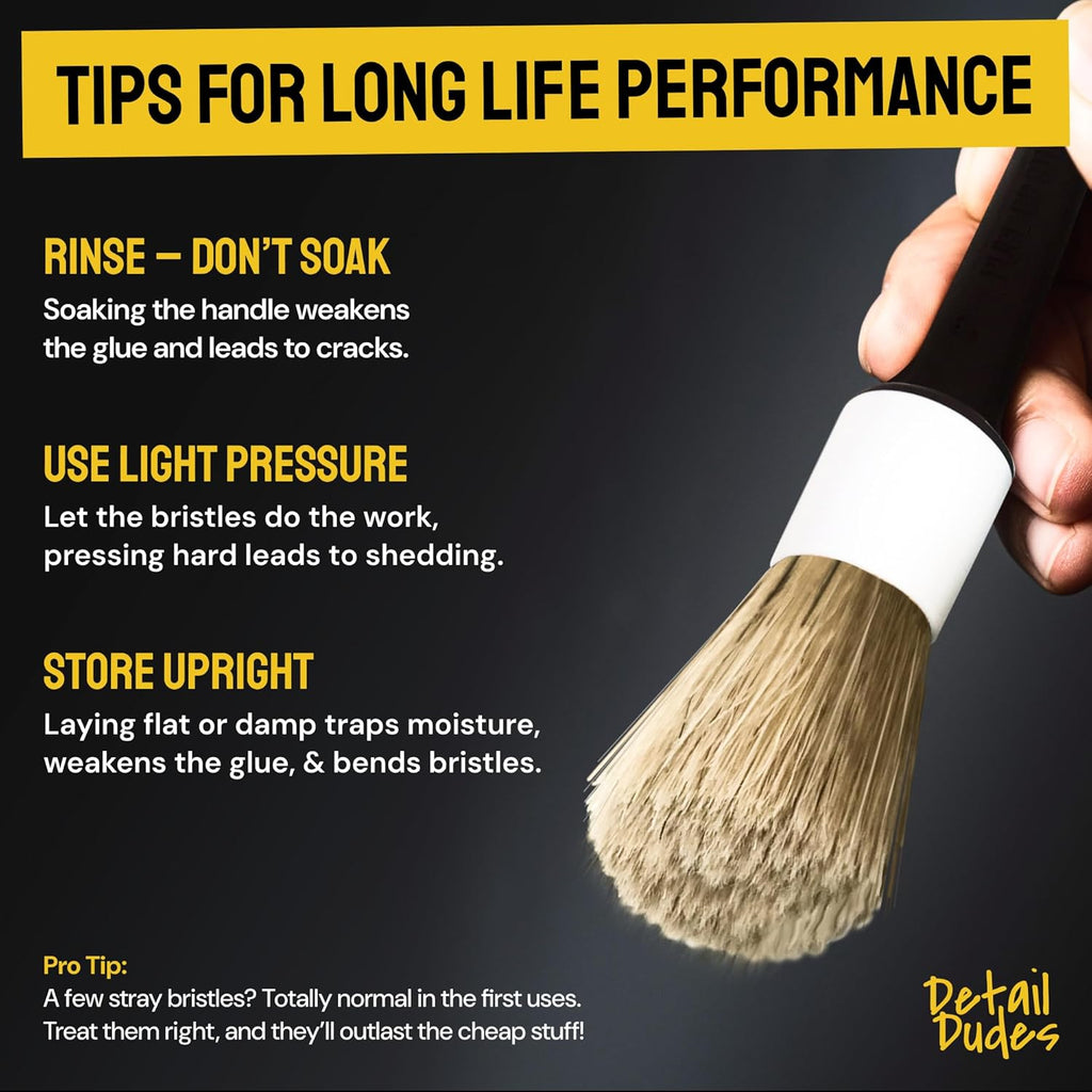 Soft Boars Hair Car Detailing Brush Set for Washing (3 Pack) - Car Detailing Kit - Automotive Cleaning Brush