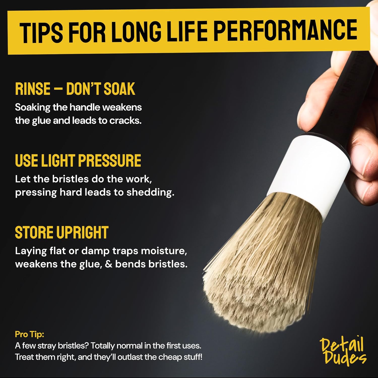 Soft Boars Hair Car Detailing Brush Set for Washing (3 Pack) - Car Detailing Kit - Automotive Cleaning Brush