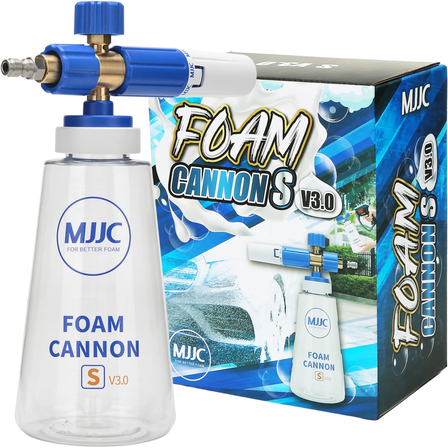 MJJC Foam Cannon S V3.0 (Thicker Snow Foam Technology) with 1/4 Inch Quick Connector for Pressure Washer, 34 oz Bottle (V3.0 (1/4" Quick Connector) + SOAP Sample)