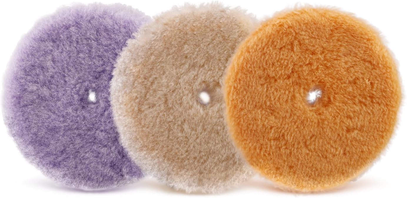 SPTA Wool Buffing Polishing Pads, 3Pcs 5" (125mm) Coarse Medium Cutting Car Wool Polishing Pads, Premium 100% Wool Cutting Pad with Hook and Loop for Car Polisher Car Polishing and Buffing -WPMIXS5
