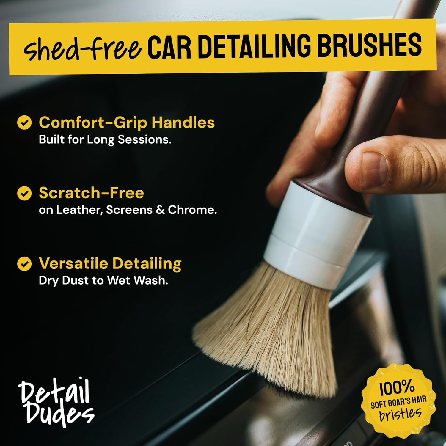Soft Boars Hair Car Detailing Brush Set for Washing (3 Pack) - Car Detailing Kit - Automotive Cleaning Brush