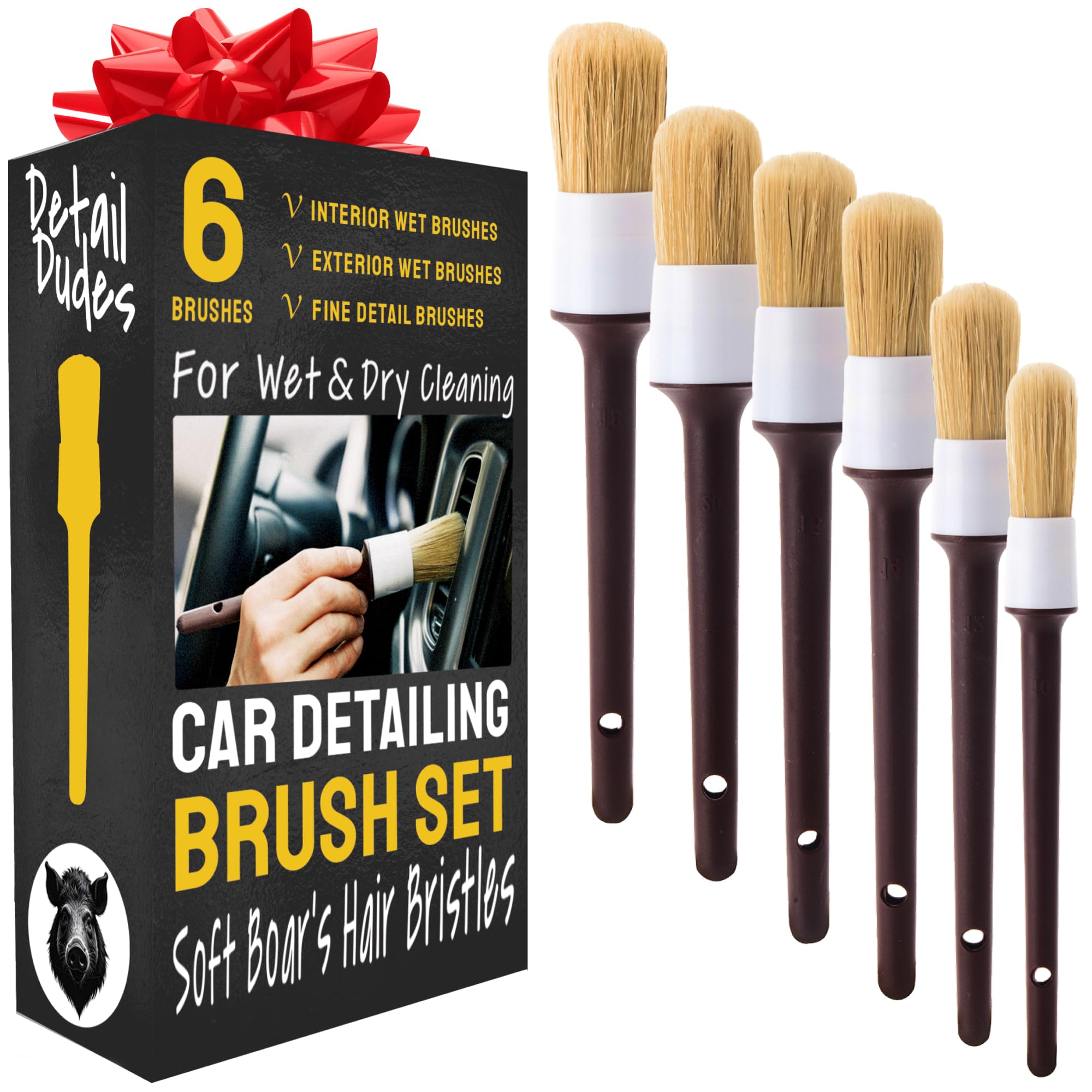 Soft Boars Hair Car Detailing Brush Set for Washing (3 Pack) - Car Detailing Kit - Automotive Cleaning Brush