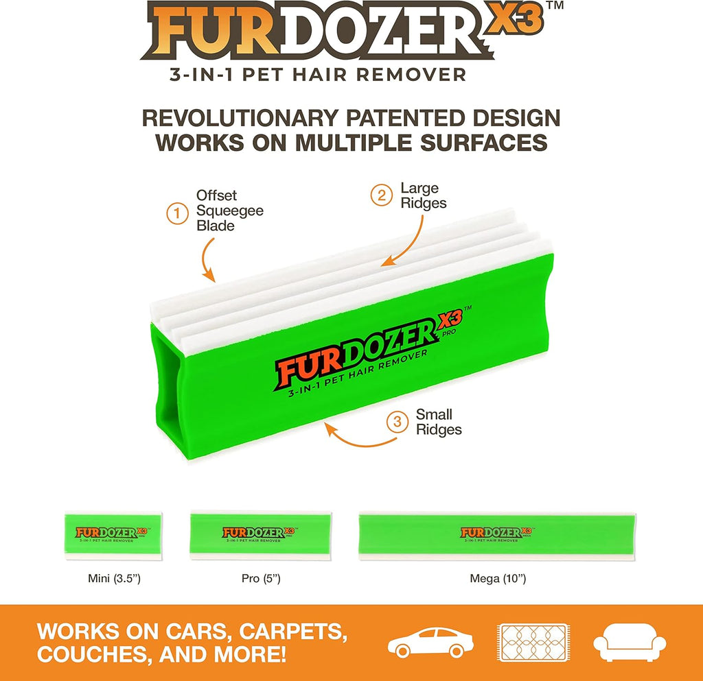 FurDozer X3 PRO Pet Hair Remover & Auto Detailing Tool - Cat & Dog Hair Remover for Carpets, Car Interiors, Couches, Bedding, & Furniture - Reusable Pet Hair Removal Tool for Fur & Lint, 5" (2-Pack)