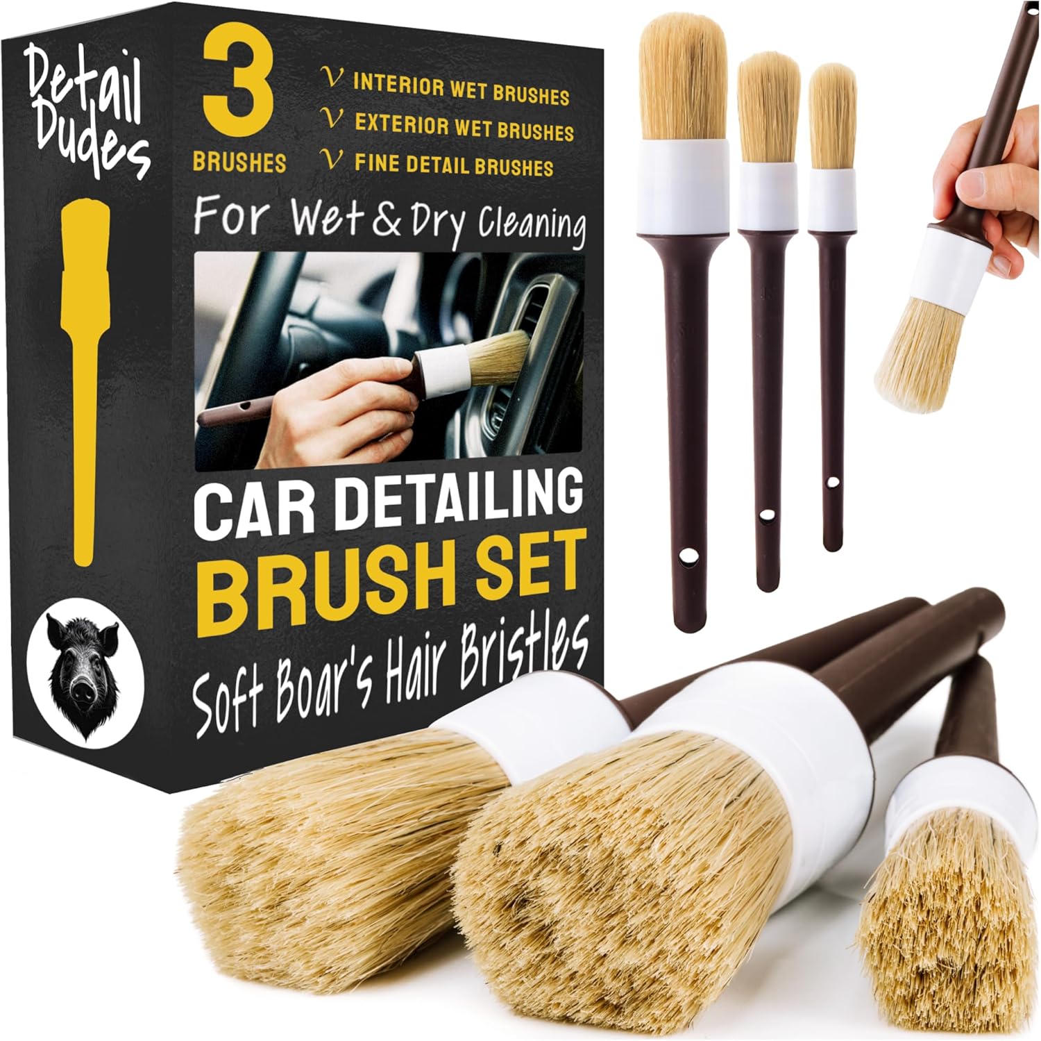 Soft Boars Hair Car Detailing Brush Set for Washing (3 Pack) - Car Detailing Kit - Automotive Cleaning Brush