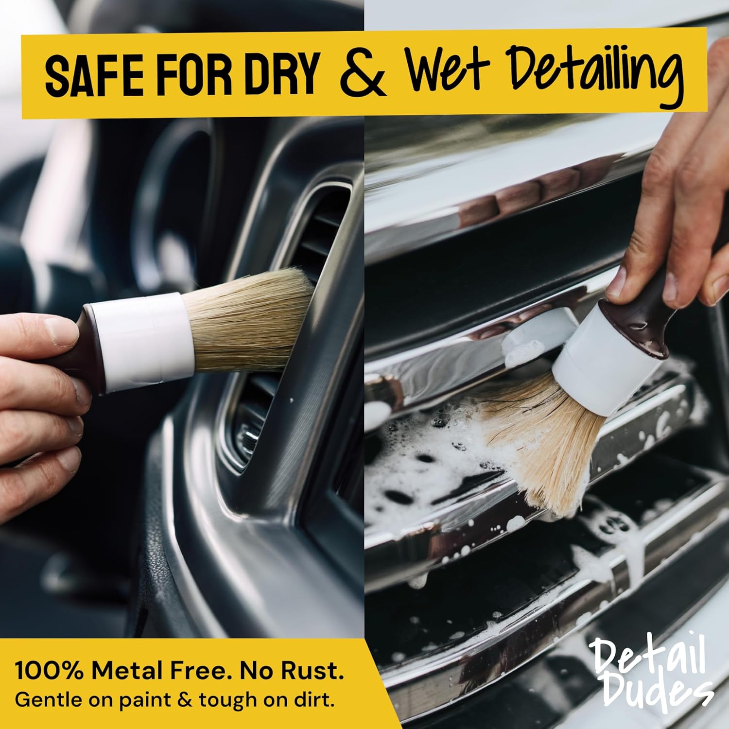 Soft Boars Hair Car Detailing Brush Set for Washing (3 Pack) - Car Detailing Kit - Automotive Cleaning Brush
