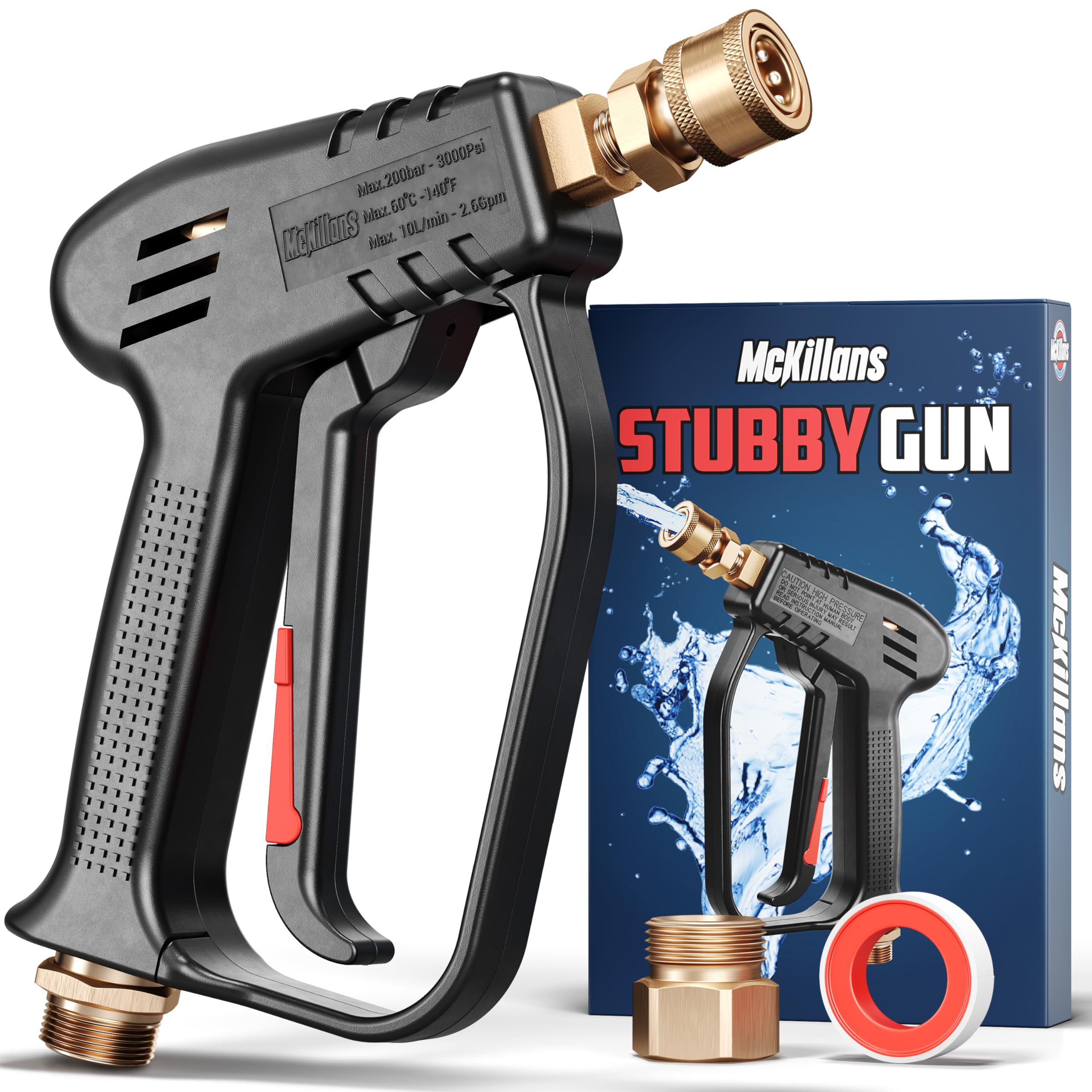McKillans® Short Pressure Washer Gun with Swivel - High Pressure Water Handle with 3/8" Male Plug and 1/4” Quick Connector Coupler - Power Washer Gun Compatible with Foam Cannon - Car Wash Foam Gun