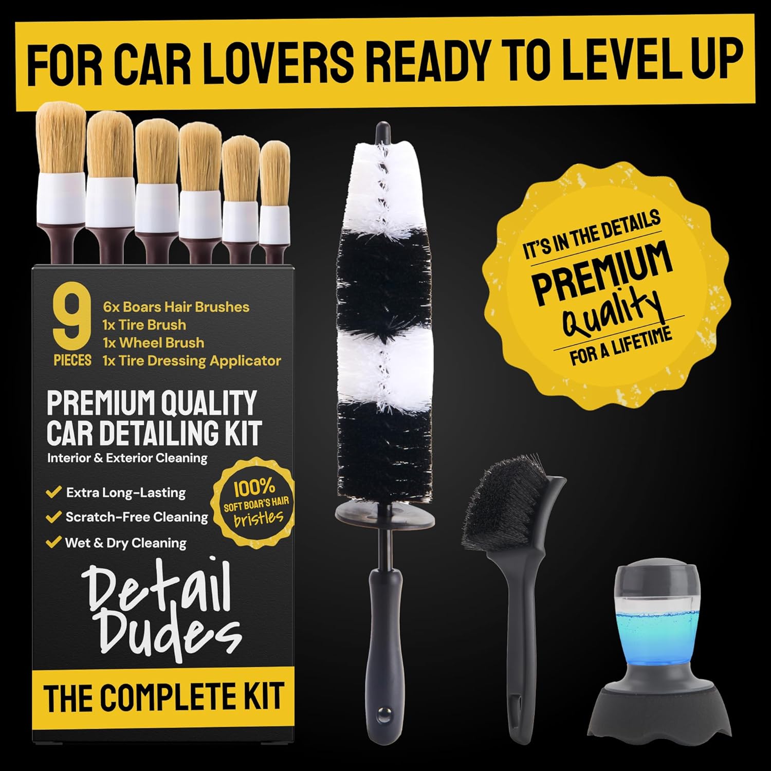 Soft Boars Hair Car Detailing Brush Set for Washing (3 Pack) - Car Detailing Kit - Automotive Cleaning Brush