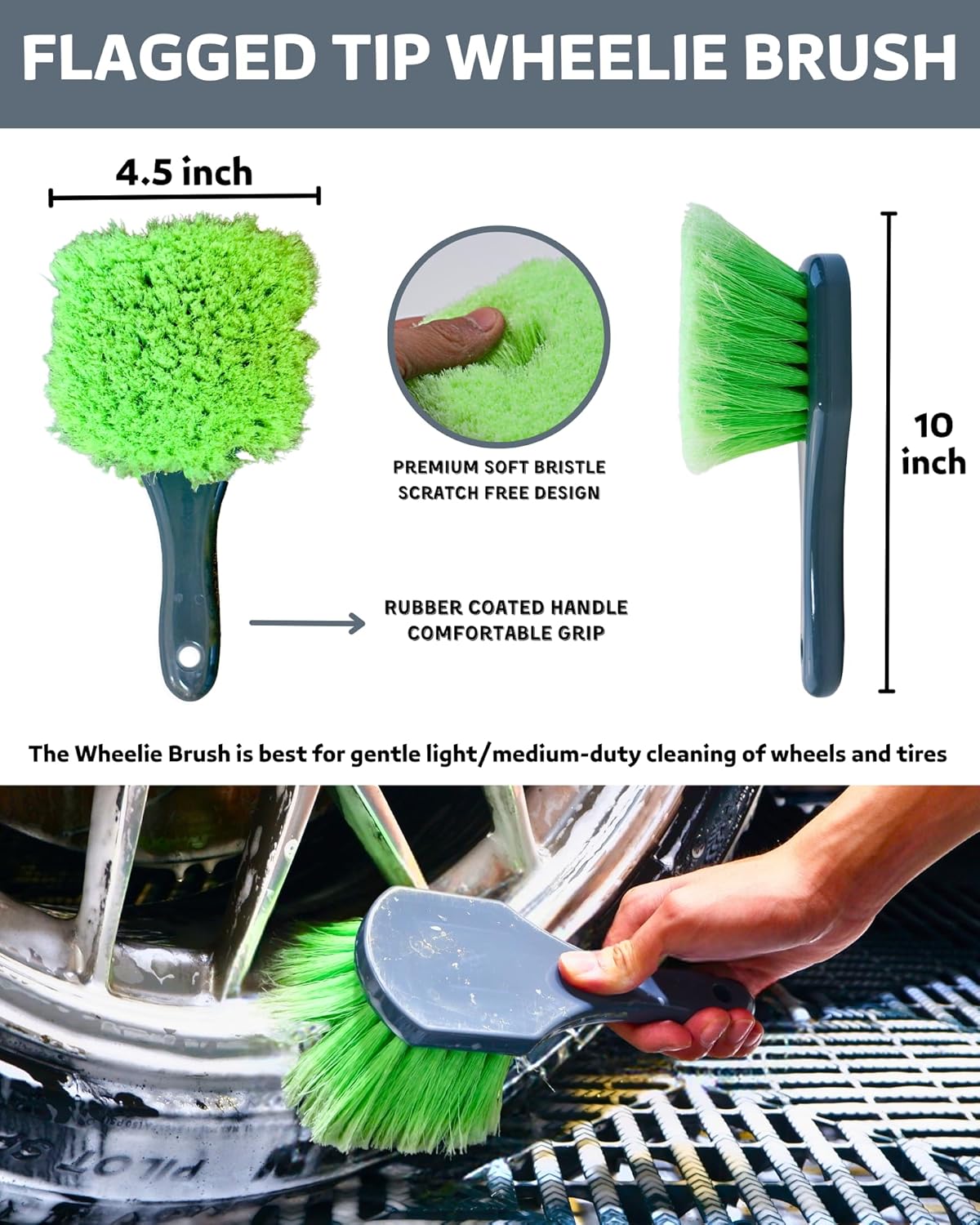Car Wheel Cleaning Kit: Wheel and Rim Flagged Tip Brush, Bendable Barrel Brush, Wheelie Mitt, Scratch-Free Detail Brush for Rims & Tires - Durable & Multipurpose Clean Wheel Hard to Reach Areas