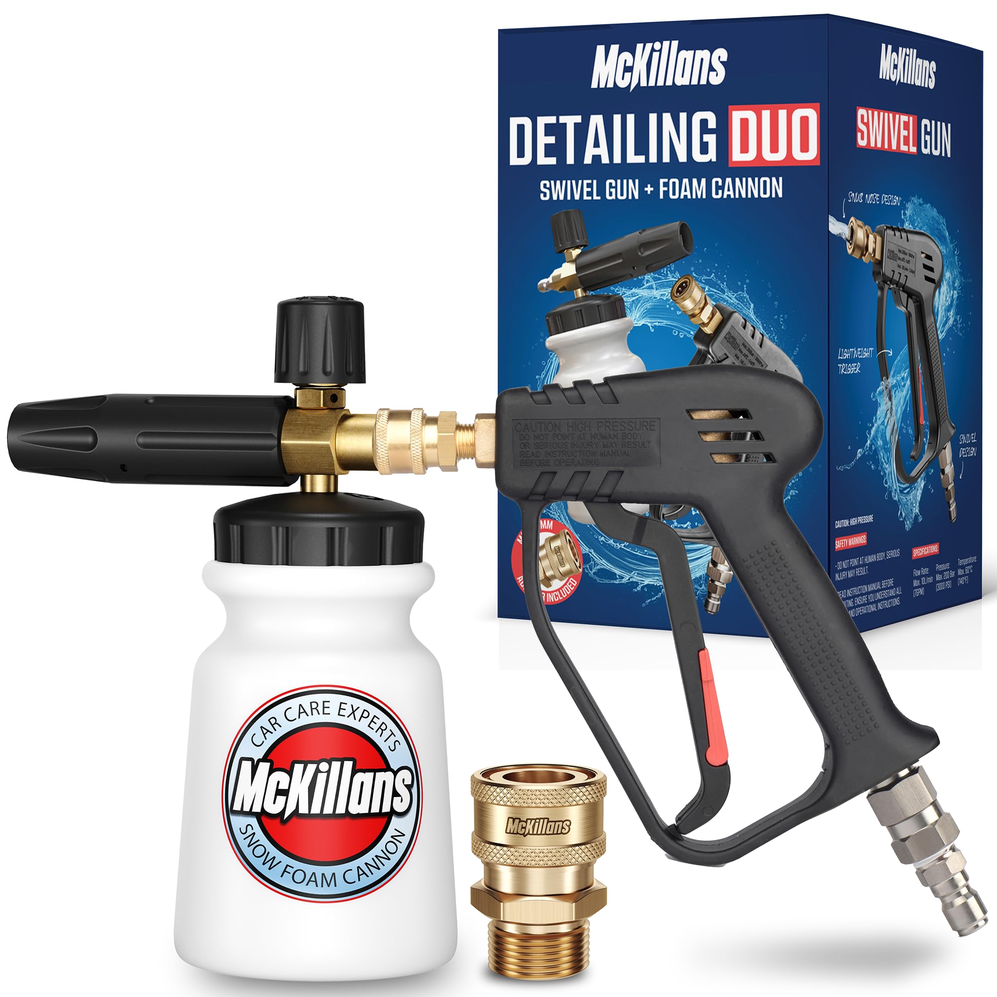 McKillans® Short Pressure Washer Gun with Swivel - High Pressure Water Handle with 3/8" Male Plug and 1/4” Quick Connector Coupler - Power Washer Gun Compatible with Foam Cannon - Car Wash Foam Gun
