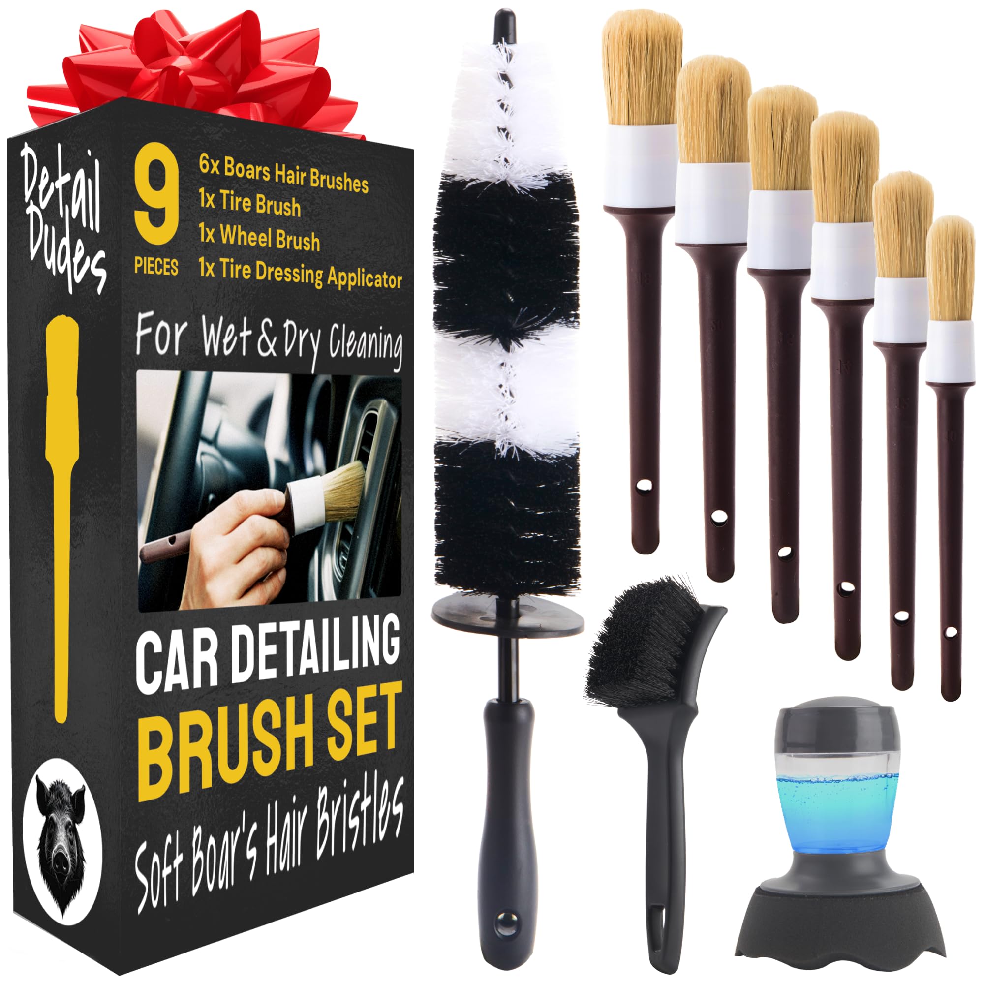 Soft Boars Hair Car Detailing Brush Set for Washing (3 Pack) - Car Detailing Kit - Automotive Cleaning Brush
